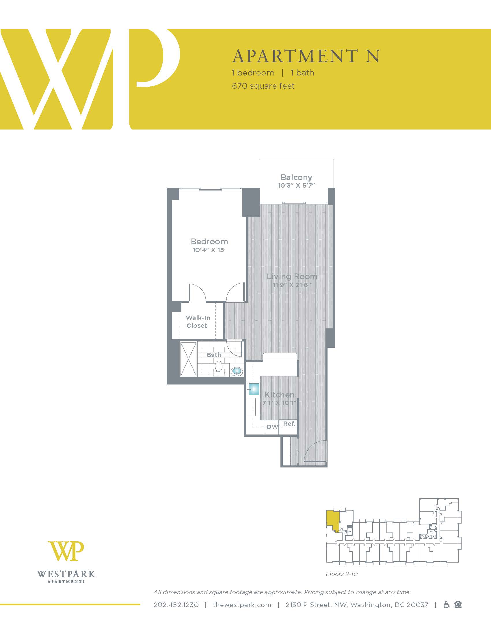 Floor plan for 1 bed, 1 bath, 670 sqft